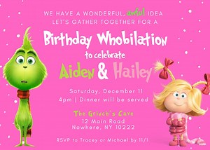 Two Kids Birthday, Grinch Birthday, Christmas Birthday, Party Invitation, Canva Editable Template, Grinchmas, Invitation Printable - Etsy