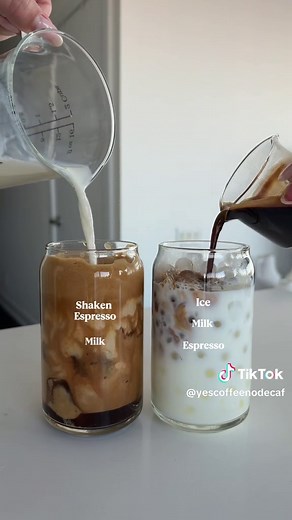 Shaken Espresso vs. Iced Latte ☕️ The power of shaking your espresso over ice = fluffy and delicious espresso that’s double in size! Which are you picking? #yescoffeenodecaf #coffeehacks #coffee #shakenespresso #coffeerecipes