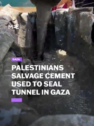 Palestinians in al-Maghazi refugee camp in Central Gaza rushed to collect wet cement that surfaced on streets after Israeli forces pumped it into a tunnel to seal it off, amid ongoing shortages and blockades of construction material. Residents reported that the cement had overflowed and spilt onto the surface and surrounding streets. Reporting by @hani.aburezeq in Gaza.