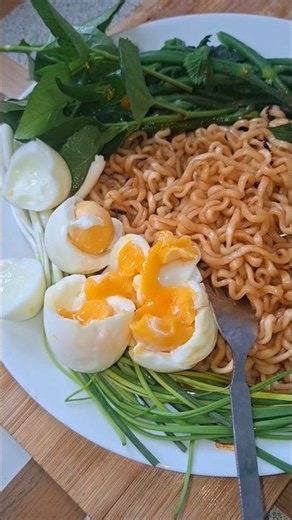 Let's make spicy 3x ramen noodles with green veggie and eggs boiled eating mind refreshing