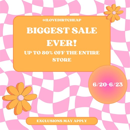 Discover up to 80% off the entire store in select stores only!🛍️✨ *Exclusions may apply* 📍Visit the link to find a participating store near you: https://ilovedirtcheap.com/whats-in-store/biggest-sale-to-80-off-select-stores/ | Dirt Cheap