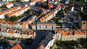 Legnica, Poland Medieval architecture of ancient Polish city from above, houses of Europe along street temple infrastructure