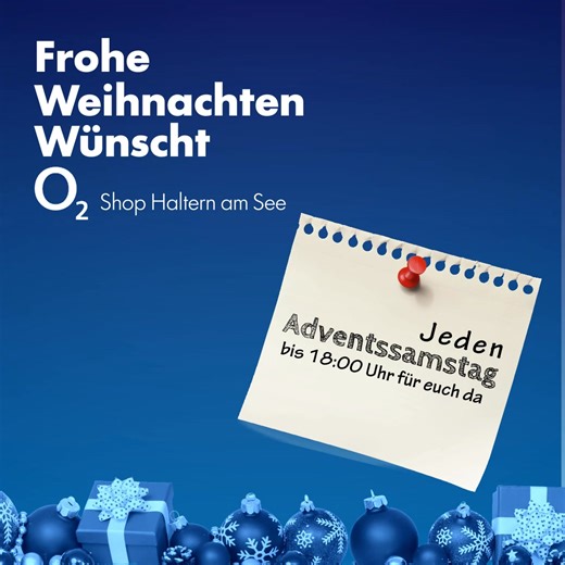 📣 Advent, Advent – wir sind da, bis die Lichter brennen! 💙 An jedem Samstag im Advent sind wir im o₂ Shop Haltern am See bis 18:00 Uhr für euch da! Kommt vorbei, entdeckt unsere Weihnachtsangebote, holt euch euer neues Smartphone oder verlängert ganz entspannt euren Vertrag – wir beraten euch gerne persönlich. 🎄📱 👉 Wir freuen uns auf euch im o₂ Shop Haltern am See! #o2 #o2Haltern #HalternAmSee #Weihnachten #Adventsshopping #Haltern #Sythen #Lavesum #Flaesheim #HammBossendorf #Marl #Reckling