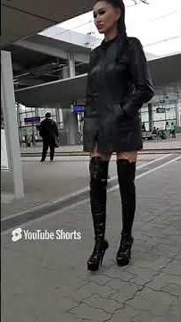 Granate styling, walking at the #railway Station, thigh high boots, high heels, short coat
