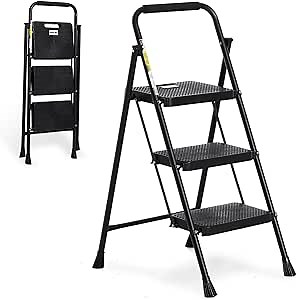 Double Elite Step Ladder 3 Step Folding with Handgrip, 500 Lbs Load Heavy Duty Steel Step Stool, Multi-use Folding Ladder with Anti-Slip Wide Pedals, Portable Kitchen/Closet Small Step Ladder, Black