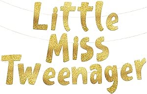 Little Miss Tweenager 12th Birthday Gold Glitter Banner - Happy Girls 12th Birthday Party Decorations, Supplies and Favors