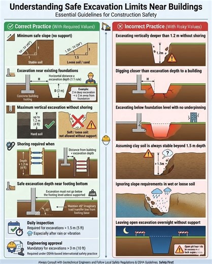 🚧🦺 𝗦𝗔𝗙𝗘 𝗘𝗫𝗖𝗔𝗩𝗔𝗧𝗜𝗢𝗡 𝗟𝗜𝗠𝗜𝗧𝗦 𝗡𝗘𝗔𝗥 𝗕𝗨𝗜𝗟𝗗𝗜𝗡𝗚𝗦 📘 𝗘𝘀𝘀𝗲𝗻𝘁𝗶𝗮𝗹 𝗚𝘂𝗶𝗱𝗲𝗹𝗶𝗻𝗲𝘀 𝗳𝗼𝗿 𝗖𝗼𝗻𝘀𝘁𝗿𝘂𝗰𝘁𝗶𝗼𝗻 𝗦𝗮𝗳𝗲𝘁𝘆 Excavation work near buildings can be EXTREMELY DANGEROUS ⚠️ if proper rules are ignored. This infographic clearly explains what is SAFE ✅ and what is RISKY ❌ — a must-know guide for engineers, contractors, supervisors & site teams 👷‍♂️📐 ✅ 𝗖𝗢𝗥𝗥𝗘𝗖𝗧 𝗣𝗥𝗔𝗖𝗧𝗜𝗖𝗘 (𝗪𝗜𝗧𝗛 𝗥𝗘𝗤𝗨𝗜𝗥𝗘𝗗 𝗩𝗔𝗟𝗨𝗘𝗦) 📐 𝗠𝗜𝗡𝗜𝗠𝗨𝗠 𝗦�