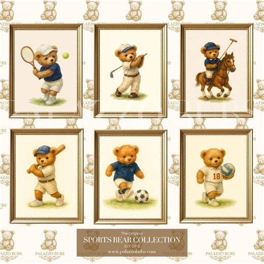 SPORTS BEAR COLLECTION (set of 6) | Posh Vintage Sports Bear | Vintage Teddy Bear Golf | Preppy Teddy Bear Art | Boy Nursery Wall Art - Etsy