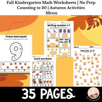 Fall Kindergarten Math Worksheets | No Prep Counting to 20 | Autumn Activities