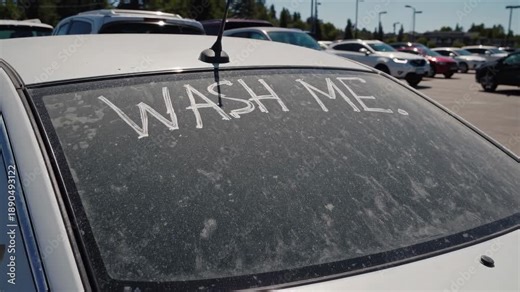 Car window message asking for a wash parking lot daylight humor