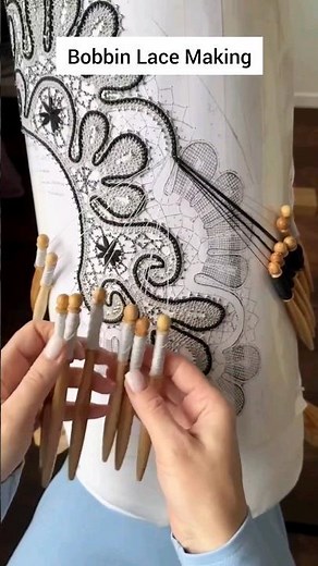 Bobbin Lace: Traditional method, using multiple bobbins of thread and pins on a pillow. #lacemaking