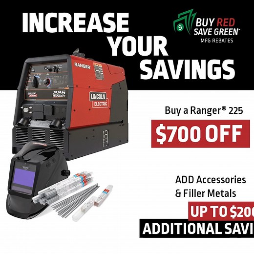 3.2K views · 24 reactions | The Ranger 225 is your go-to multi-process, engine-driven welder, built for stick, TIG, MIG, and flux-cored welding in construction, farm, ranch, and maintenance applications.  Save $700 for a limited time! Save even more with Lincoln Electric accessories and filler metals. Power, versatility, and savings: https://lered.info/4jlRd8k #BuyRedSaveGreen #WeldRed #WeldRedNation | Lincoln Electric | Facebook