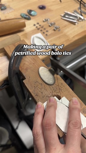 Making two petrified wood bolo ties. These two pieces of petrified wood are so incredibly beautiful, I knew I wanted to make them into bolos as soon as I saw them. One day I hope to find the man I bought them from and get some more. Such stunning stones. These will be listed on my website soon! Unfortunately, I accidentally scratched the stone of the teardrop shaped bolo while setting it and now need to remove the stone from the setting, polish it, and re-set it. Check back, I’ll be posting a vi