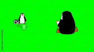 2d animated character of A penguin working with a laptop or computer designing a website or programming, and a penguin with a tape recorder or band waving bye-bye.