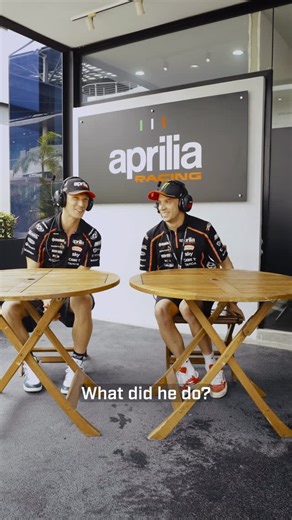 Aprilia on Instagram: "We can confirm that half the paddock was staring at them during this surreal conversation 🗣️😂 #Aprilia #MotoGP #BeARacer #SimplyTheBez #LorenzoSavadori #Challenge"