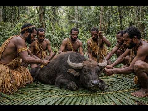 Epic Korowai Tribe Survival Hunting Wild Buffalo & Primitive Cooking in the Deep Amazon! #Survival