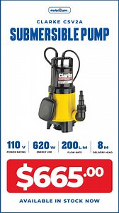 The Clarke CSV2A Submersible Pump is a top quality submersible pump that handles both clean and dirty water. Its robust build, and heavy duty impellor means the CSV2A Vortex Pump will not only handle dirty, brackish water, it’s also able to pass solids up to 30mm diameter. And, even better, it’s fitted with an automatic float switch, a simple yet clever device that switches the pump on as the water level rises, and switches it off once the pump has done it’s job and reduced the water level. Clar