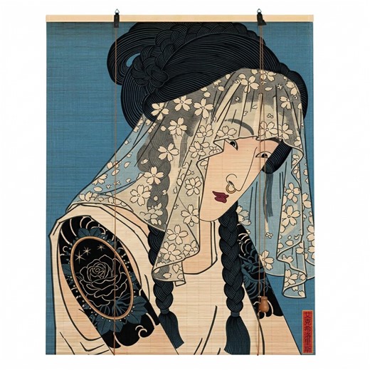 Japanese Woman Bamboo Blind, Floral Veil Print, Tattoo Portrait Window Decor - Etsy