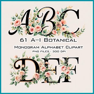 Botanical Monogram Clipart A–I | 61 Floral Alphabet PNG Letters, Pastel Wedding, Planner Stickers, DIY Monograms & Digital Scrapbooking - Etsy