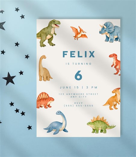 Dinosaur Birthday Invitation Template, Modern Dino Kids Birthday Invite, Editable Canva, Minimal Dinosaur Party, Printable Digital - Etsy