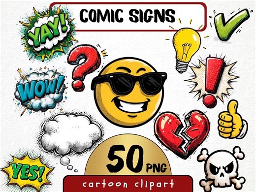 Comic Signs Clipart Bundle – 50 PNG Cartoon Symbols, Speech Bubbles & Emojis (digital Download) - Etsy