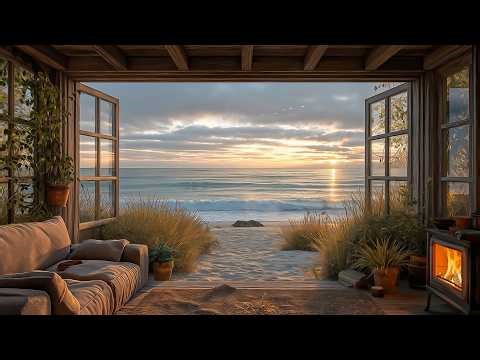 🌅🔥 The Ultimate Stress Relief: Golden Hour Beach View from a Window with Calm Waves & Crackling Fire