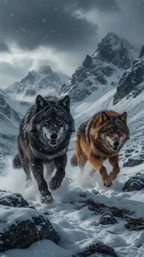 Alpha wolves climbing snow rocks — leadership and teamwork in nature