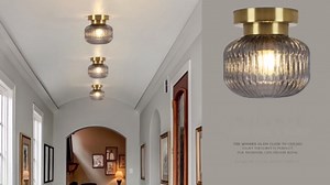 KCO Lighting Antique Brass Flush Mount Ceiling Lights Smoke Gary Glass Ceiling Light Round Ribbed Glass Flush Mount Ceiling Light Mid Century Kitchen Ceiling Lighting