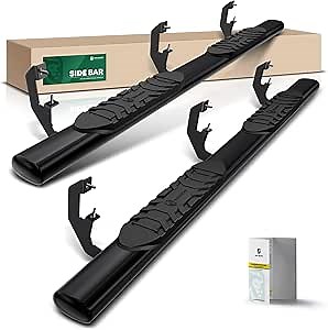 YHTAUTO 5 Inch Running Boards Side Steps Compatible with Chevy Silverado & GMC Sierra 1500/2500 HD/3500 HD 2007-2019, Extended Cab, Oval Straight Carbon Steel Black Powder, Truck Cab Side Step Rails