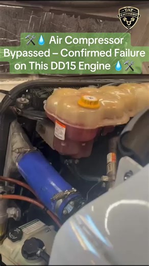 🛠️💧 Air Compressor Bypassed – Confirmed Failure on This DD15 Engine 💧🛠️ During the diagnostic process on this DD15 engine, our specialist tech performed a series of tests to identify the cause of coolant pushing out of the reservoir during acceleration. Initial symptoms included: \t•\tCoolant level dropping rapidly under load \t•\tCoolant overflowing with pressure \t•\tSigns that could indicate combustion gases entering the cooling system To narrow down the root cause, the air compressor was