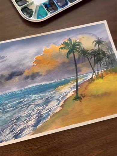 Painting a Beach Scene with Watercolors 🏝️✨ #seascapepainting #artprocess #Watercolor #foryou