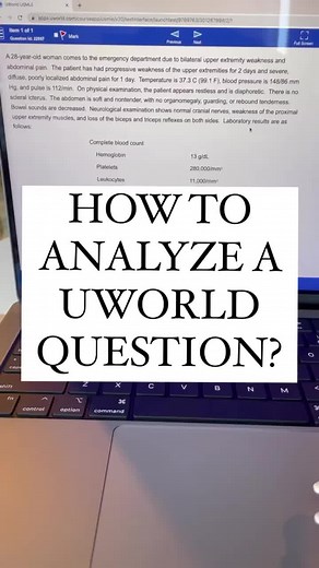 How To Analyze UWORLD questions?❓ 1. Look at the last question first. What are they asking? Is it a clue question? 2. Look at the sentence above it. Is there any direct information that can assist you in answering the question without reading the rest? [For pharmacology, sometimes the drug is there, and the question is, what is the MOA? This technique can save you 1 minute on exam day] 3. Now let’s go to the beginning of the question; age & gender rule out the different specialties. If it’s a ma