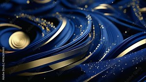 Blue and gold abstract shapes animation with sparkling particles. Seamless loop for luxury event videos. Wavy blue and gold animation with glittering particles