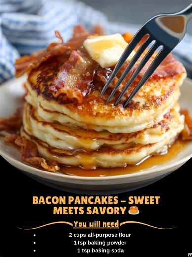 Bacon 😆 Pancakes - Sweet Meets Savory 🥞 Fluffy pancakes with crispy bacon baked right in—ultimate comfort breakfast with perfect sweet-salty balance! Ingredients: 1 1/2 cups milk (or non-dairy) 1 tsp vanilla extract ..... Full Recipe in Coʍmеոτ 💬 🕸️ | Tasty Recipes