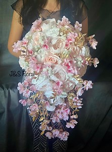 Cascading Blush Pink Wedding Bouquet: Silk Roses, Cherry Blossoms & Gold - Etsy