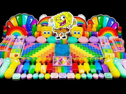 Yellow Stronge Bob Slime ASMR | Mixing Makeup Into Rainbow Slime | Shiny Things Into Slime