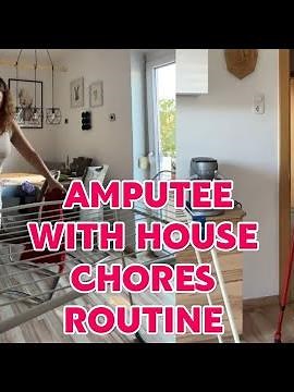 Amputee woman | adaptive crutches user life: keeping house chores routine.