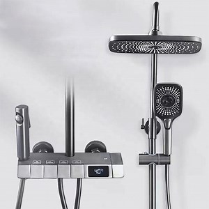 [Hot Item] Modern Bathroom Design Luxury Piano Key Shower Set: Gray Bathroom Digital Display Faucet, Hot and Cold 4-Function Touch Shower System