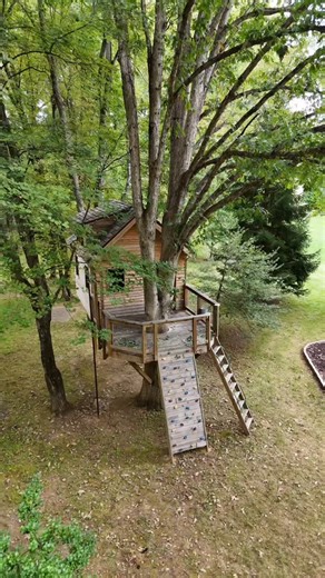 Behold “The New Jersey”. One Tree, Two posts. The customer started with a platform build by @treetopbuilders, and came back for a treehouse build when the time felt right. Other tree house supplies were acquired from @treehousesupplies. Follow: @treetopbuilders #treehouse #treehouseclub #backyardgoals | Tree Top Builders, Inc