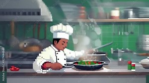 An animation depicting a chef in a kitchen preparing a gourmet meal, with detailed pixel art of the ingredients, cooking utensils, and dishes being made.