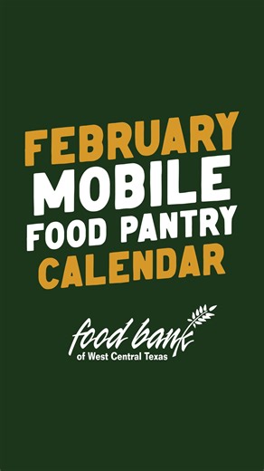 February Mobile Food Pantry schedule is here. If you know someone who could use this, please share it with them (that’s how most people find out). Dates, locations, and times are in the video. For updates/weather changes: fbwct.org 💛 | Food Bank of West Central Texas