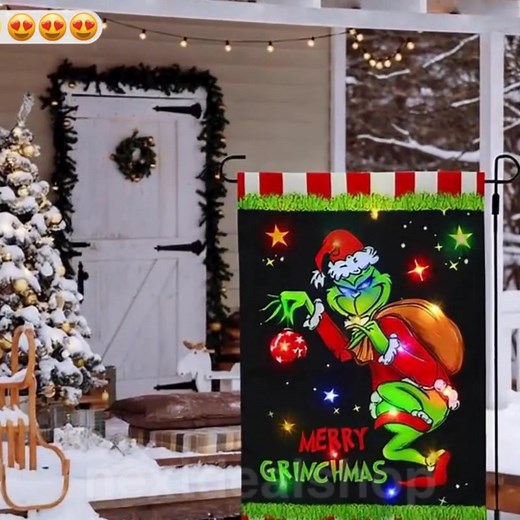 He's grouchy, he's green, and he's glowing! 🟢 Our favorite Christmas grump now shines day and night on this solar-powered garden flag. Link in comments! 👇 | Next Deal Shop