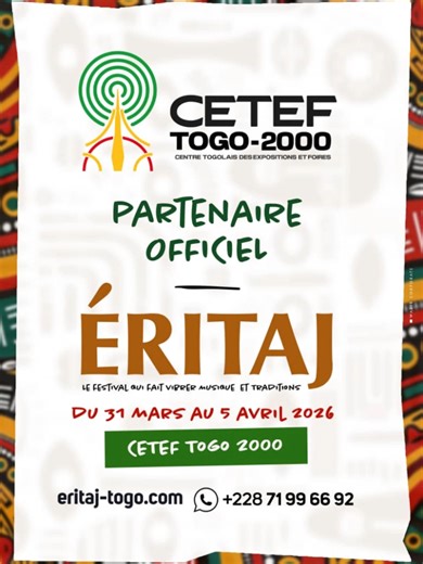 Le CETEF Togo 2000 est habitué aux grands rendez-vous… là encore, il sort ses plus beaux habits pour le Festival Éritaj ! Du 31 mars au 5 avril 2026, le CETEF Togo 2000 vous ouvre grand ses portes : conférences pour les cerveaux, panels pour les débats, animations pour l’ambiance, expositions pour les yeux et spectacles pour le plaisir ! Bref, au CETEF… on vient sérieux, mais on repart heureux !