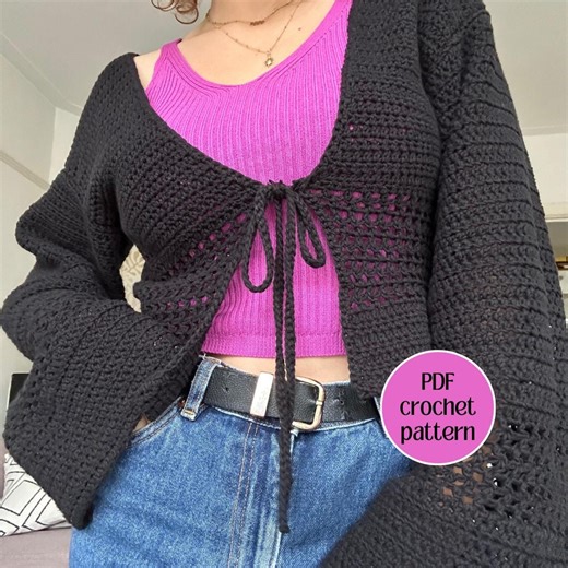 Front-tie Bell Sleeve Boho Crochet Cardigan | PDF Crochet Pattern | DIY - Etsy