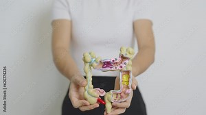 Woman holding human Colon anatomy model. Colonic disease, Large Intestine, Colorectal cancer, Ulcerative colitis, Diverticulitis, Irritable bowel syndrome, Digestive system and Health concept