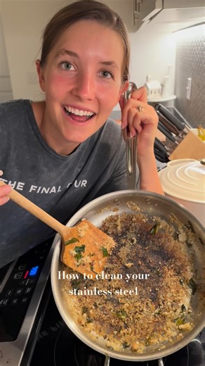 Cleaning and caring for your stainless steal pans is so simple! Follow along for more tips! My @allclad stainless steel pans are my favorite, they are durable, easy to use and will last a life time! Most the time my meals doesn’t stick to my pan, but it happens! Here’s an easy way to clean up the messy that are stuck on! How do you clean your pans? 🍳 #weeknighthomemaker #homemaker #yummy #food #fashion #fun #yum #fyp #foryoupage #follow | Weeknight Homemaker