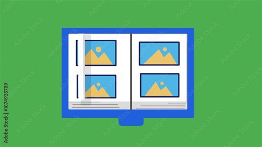 Animated photo album page flip on green screen background.