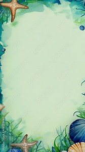 A beautiful nautical-themed watercolor frame with vibrant starfish, shells, and marine plants. The background is a mix of blue and green hues, reminiscent of underwater scenes. This border design is