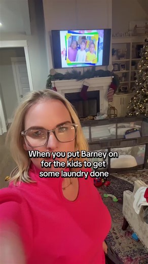 When Barney becomes the babysitter so I can finally switch the laundry over in peace. 10/10 would recommend. 💜🧺😂 #MomLifeUnfiltered #ToddlerMom #MomHumor #MomsOver40 #RelatableMoms