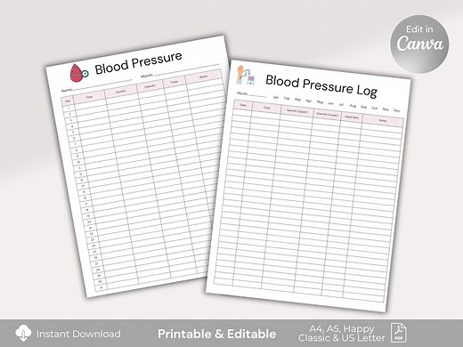 Blood Pressure Log Printable, Blood Pressure Chart, Medical Tracker, BP Log Sheet, Daily Blood Pressure Log, Medical Info, Editable in Canva - Etsy